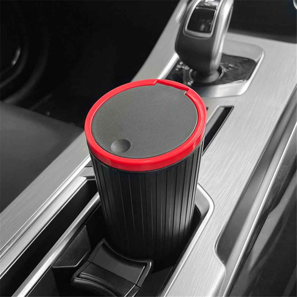 DM-143 ABS + PP Versatile Car Storage Bin with Lid Auto Vehicle Trash Can Fit Cup Holder - Black With Red Edge