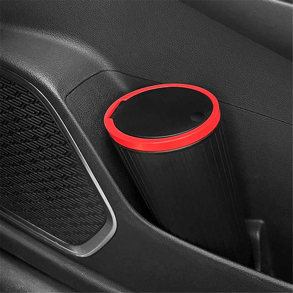 DM-143 ABS + PP Versatile Car Storage Bin with Lid Auto Vehicle Trash Can Fit Cup Holder - Black With Red Edge