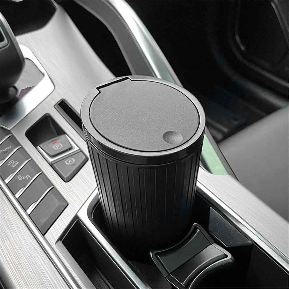 DM-143 ABS + PP Versatile Car Storage Bin with Lid Auto Vehicle Trash Can Fit Cup Holder - All Black