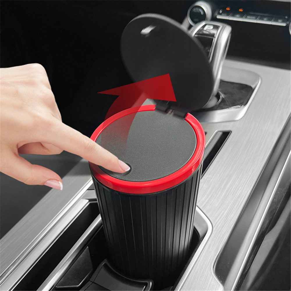 DM-143 ABS + PP Versatile Car Storage Bin with Lid Auto Vehicle Trash Can Fit Cup Holder - All Black