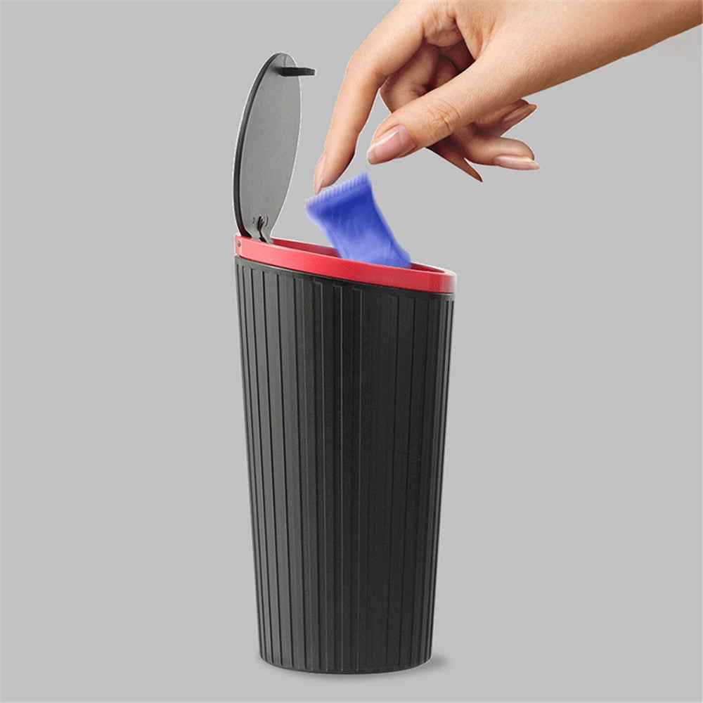 DM-143 ABS + PP Versatile Car Storage Bin with Lid Auto Vehicle Trash Can Fit Cup Holder - All Black