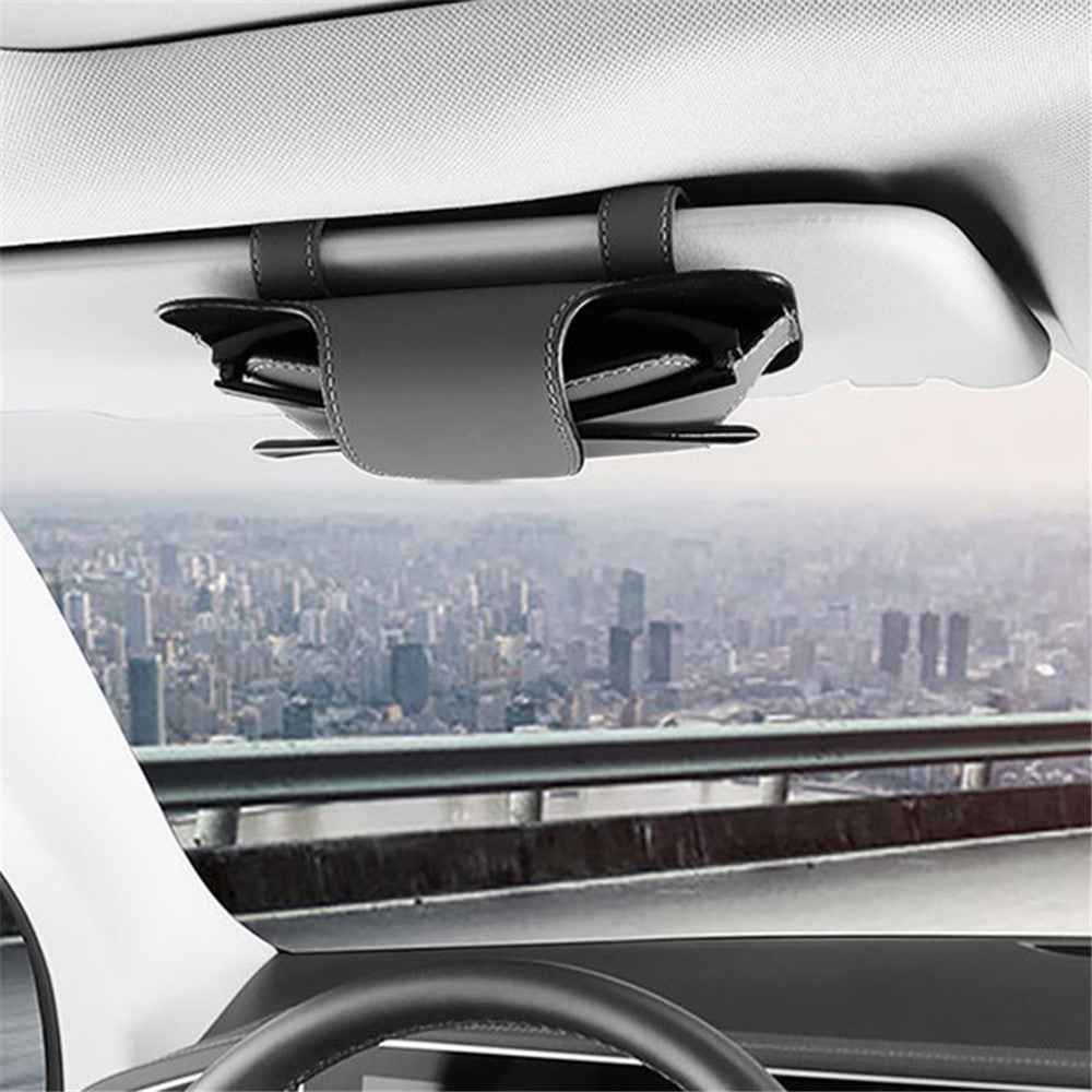 Nappa Texture PU Leather Car Glasses Storage Case Sun Visor Clip Sunglasses Holder - Black