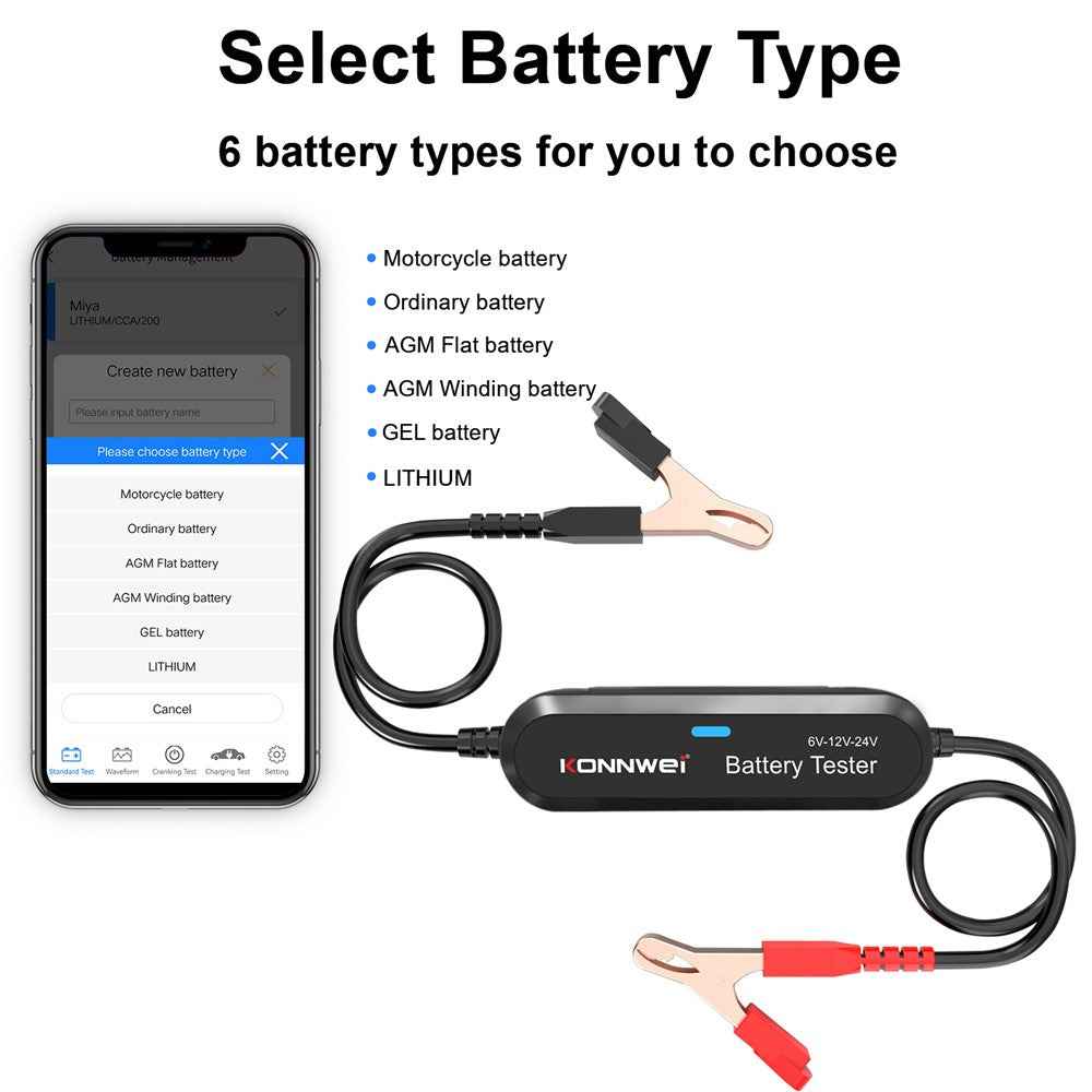 KONNWEI BK200 Multi-Function Bluetooth-compatible Battery Tester for Car Truck Motorcycle SUV Boat Yacht 6V 12V 24V Battery Tester - Black