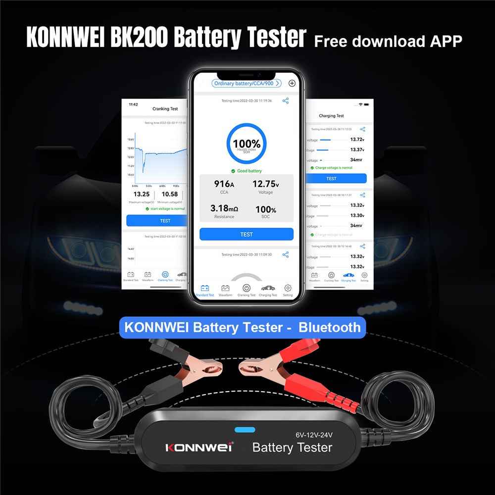 KONNWEI BK200 Multi-Function Bluetooth-compatible Battery Tester for Car Truck Motorcycle SUV Boat Yacht 6V 12V 24V Battery Tester - Black