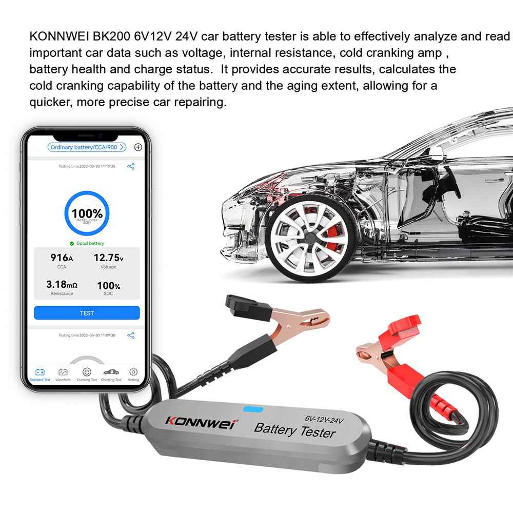 KONNWEI BK200 Multi-Function Bluetooth-compatible Battery Tester for Car Truck Motorcycle SUV Boat Yacht 6V 12V 24V Battery Tester - Silver