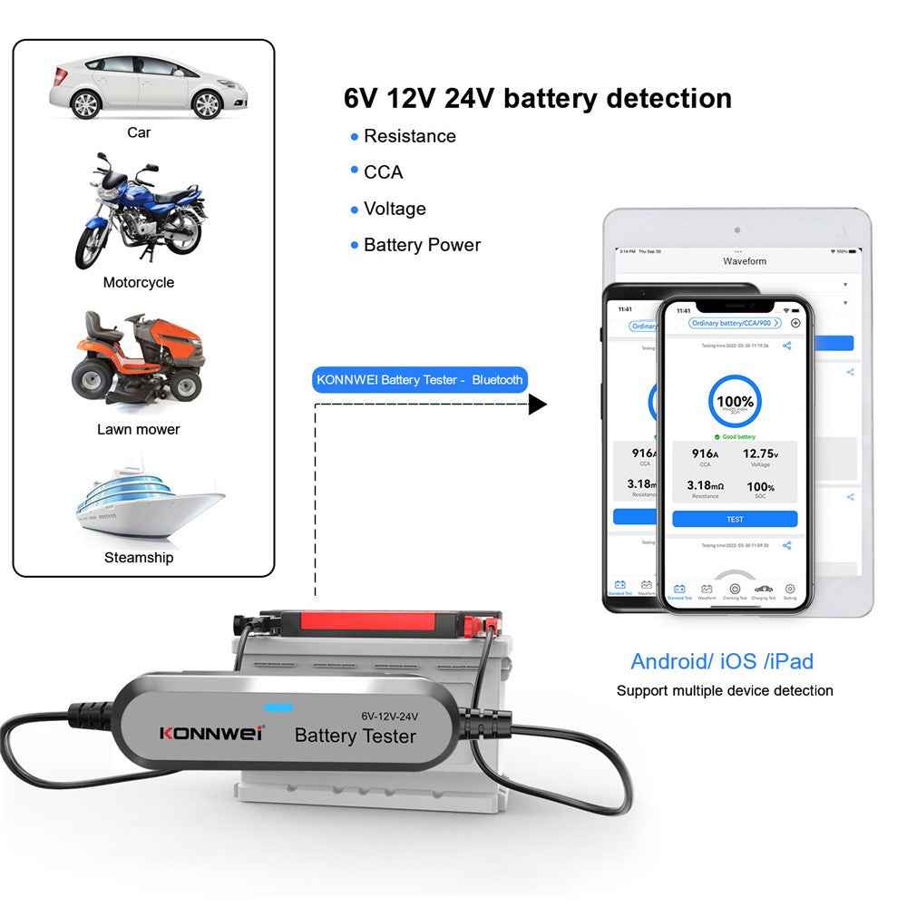 KONNWEI BK200 Multi-Function Bluetooth-compatible Battery Tester for Car Truck Motorcycle SUV Boat Yacht 6V 12V 24V Battery Tester - Silver