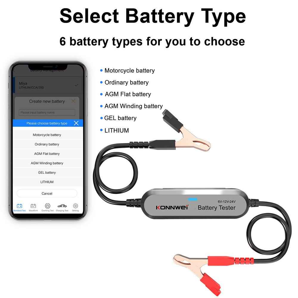 KONNWEI BK200 Multi-Function Bluetooth-compatible Battery Tester for Car Truck Motorcycle SUV Boat Yacht 6V 12V 24V Battery Tester - Silver