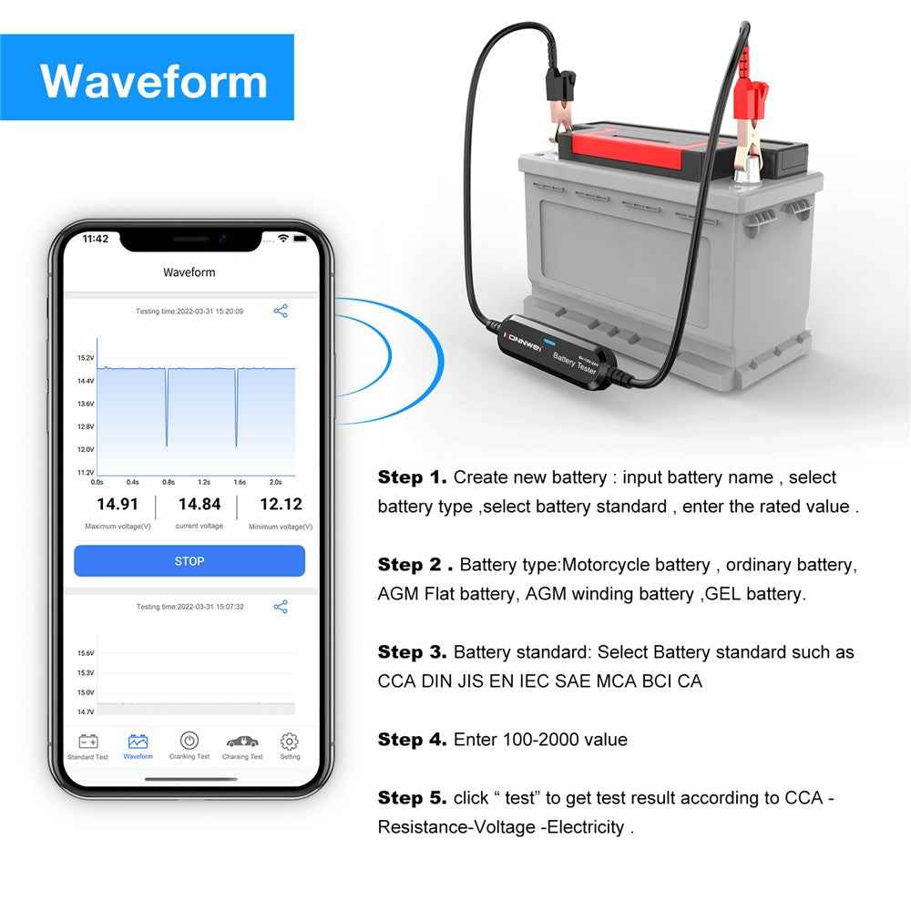 KONNWEI BK200 Multi-Function Bluetooth-compatible Battery Tester for Car Truck Motorcycle SUV Boat Yacht 6V 12V 24V Battery Tester - Silver