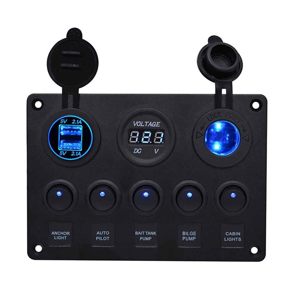 WUPP Car Yacht Combination Switch Round 5-Position Dual USB Car Charger Voltmeter Control Panel Switch - Blue