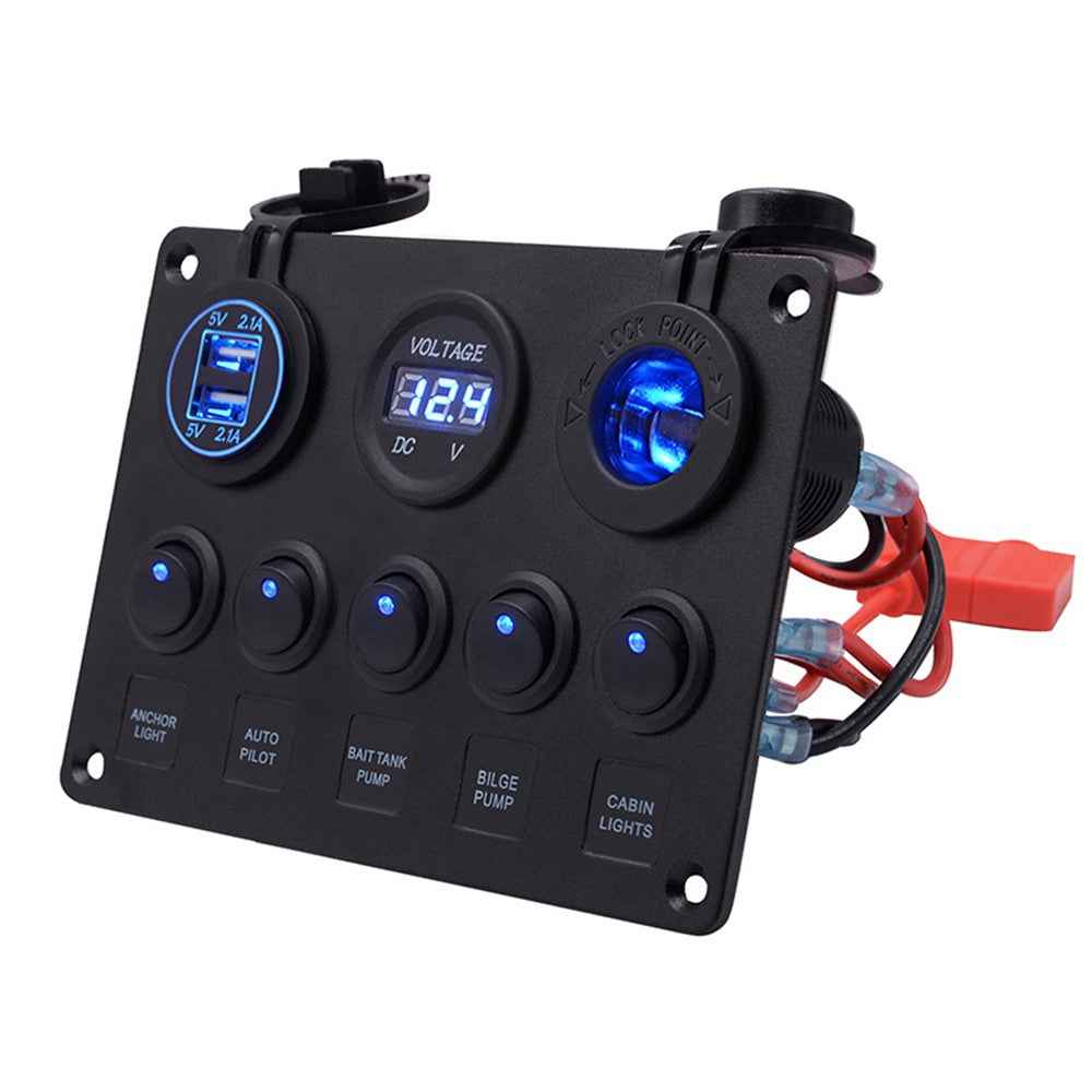 WUPP Car Yacht Combination Switch Round 5-Position Dual USB Car Charger Voltmeter Control Panel Switch - Blue