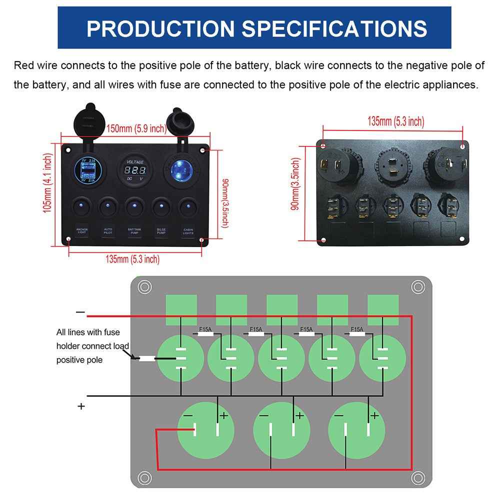 WUPP Car Yacht Combination Switch Round 5-Position Dual USB Car Charger Voltmeter Control Panel Switch - Blue