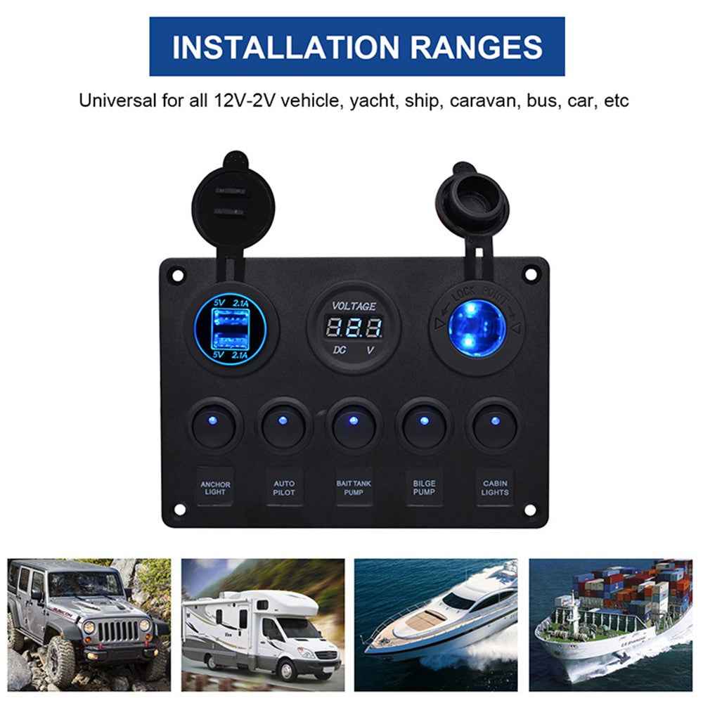 WUPP Car Yacht Combination Switch Round 5-Position Dual USB Car Charger Voltmeter Control Panel Switch - Blue