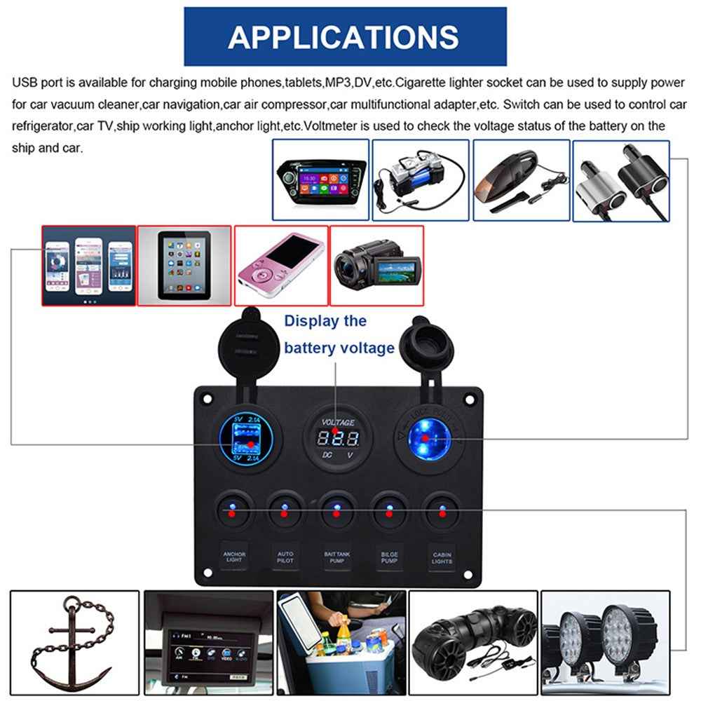 WUPP Car Yacht Combination Switch Round 5-Position Dual USB Car Charger Voltmeter Control Panel Switch - Blue