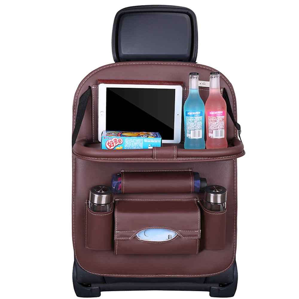 Car Back Seat Organizer Storage Bag with Foldable Table Tray Tablet Holder Tissue Box - Coffee
