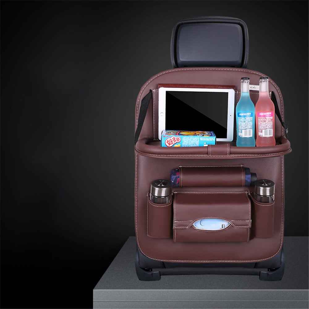Car Back Seat Organizer Storage Bag with Foldable Table Tray Tablet Holder Tissue Box - Coffee