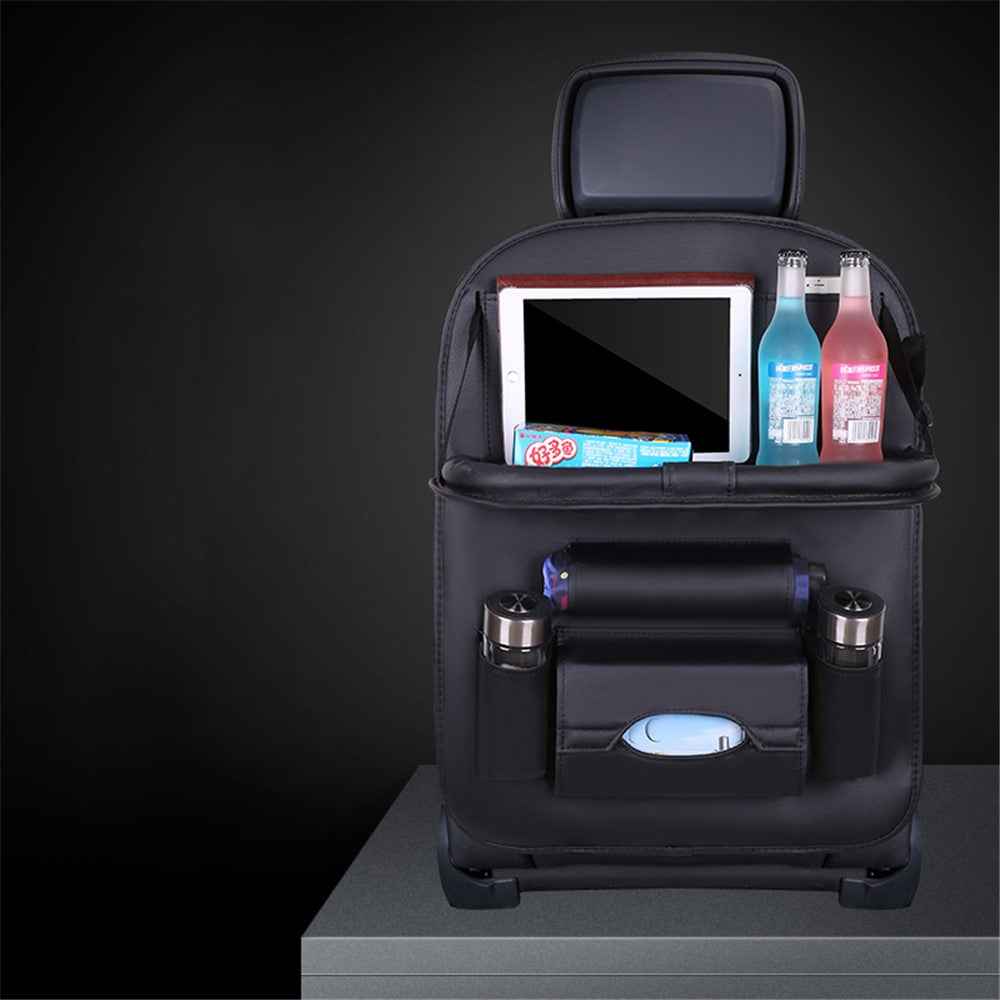Car Back Seat Organizer Storage Bag with Foldable Table Tray Tablet Holder Tissue Box - Black