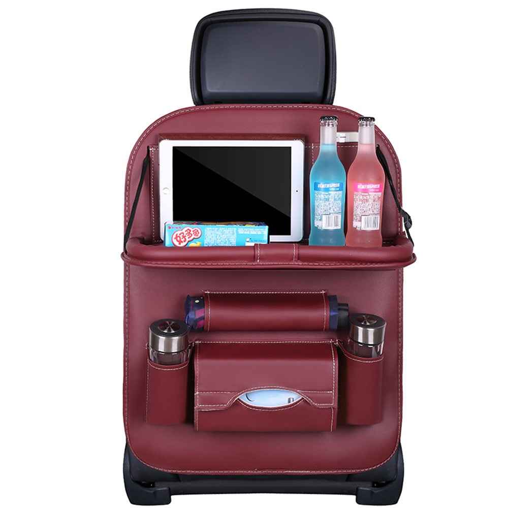 Car Back Seat Organizer Storage Bag with Foldable Table Tray Tablet Holder Tissue Box - Wine Red