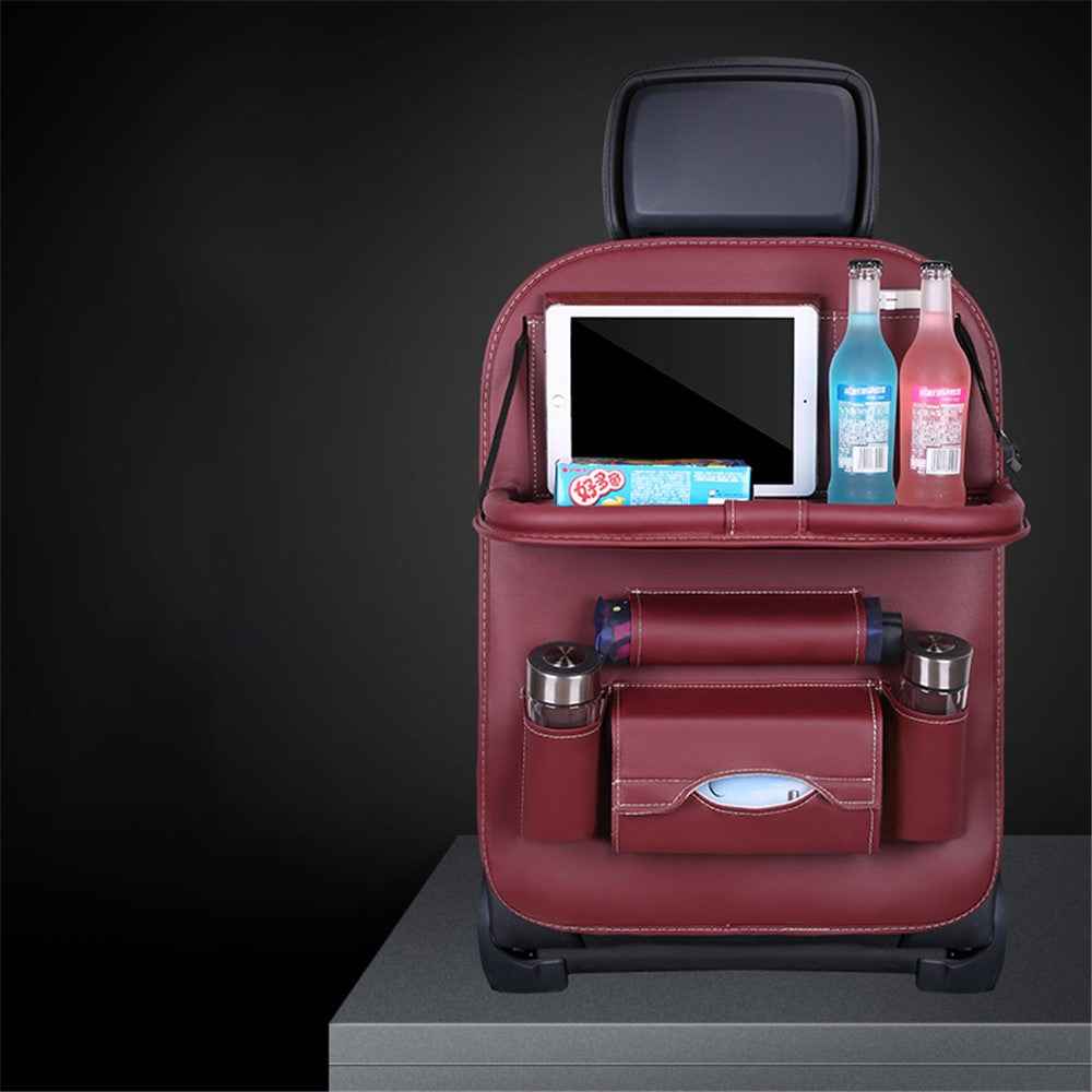 Car Back Seat Organizer Storage Bag with Foldable Table Tray Tablet Holder Tissue Box - Wine Red