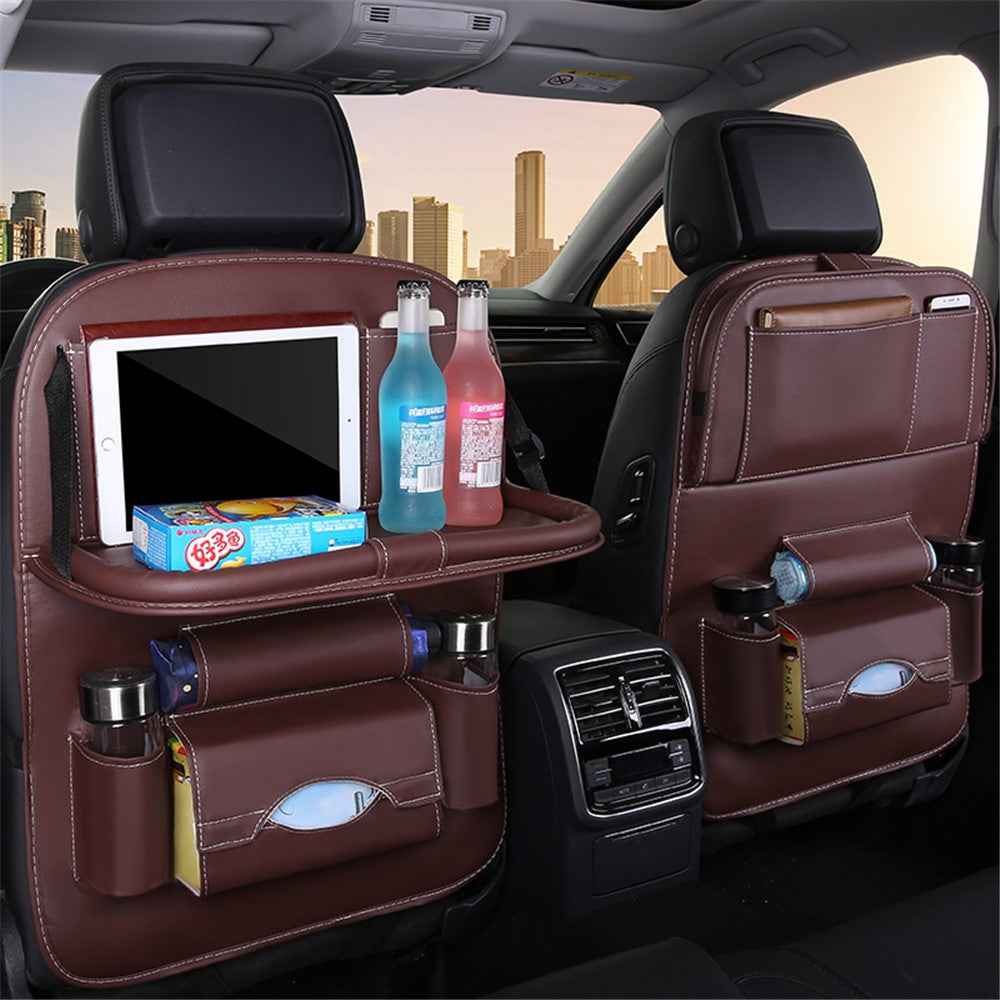 Car Back Seat Organizer Storage Bag with Foldable Table Tray Tablet Holder Tissue Box - Wine Red