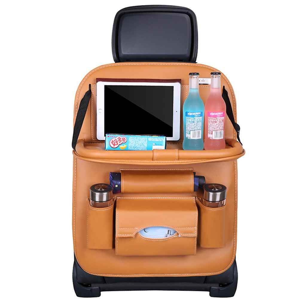 Car Back Seat Organizer Storage Bag with Foldable Table Tray Tablet Holder Tissue Box - Brown