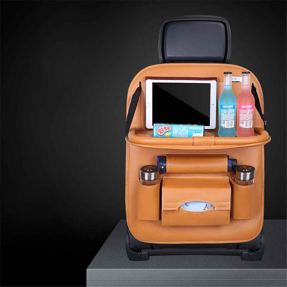 Car Back Seat Organizer Storage Bag with Foldable Table Tray Tablet Holder Tissue Box - Brown