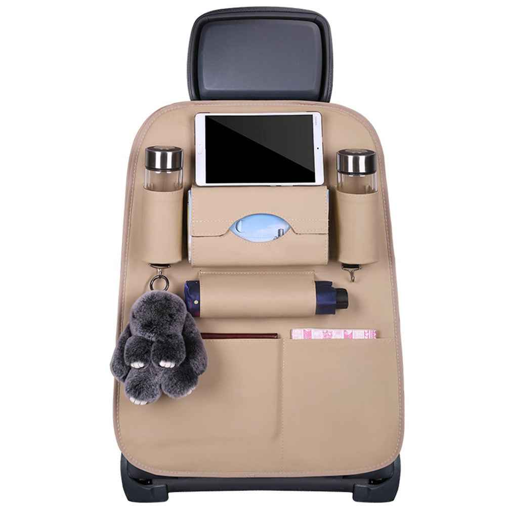Car Back Seat Organizer Storage Bag with Tissue Box Tablet/Umbrella/Water Bottle Holder - Beige