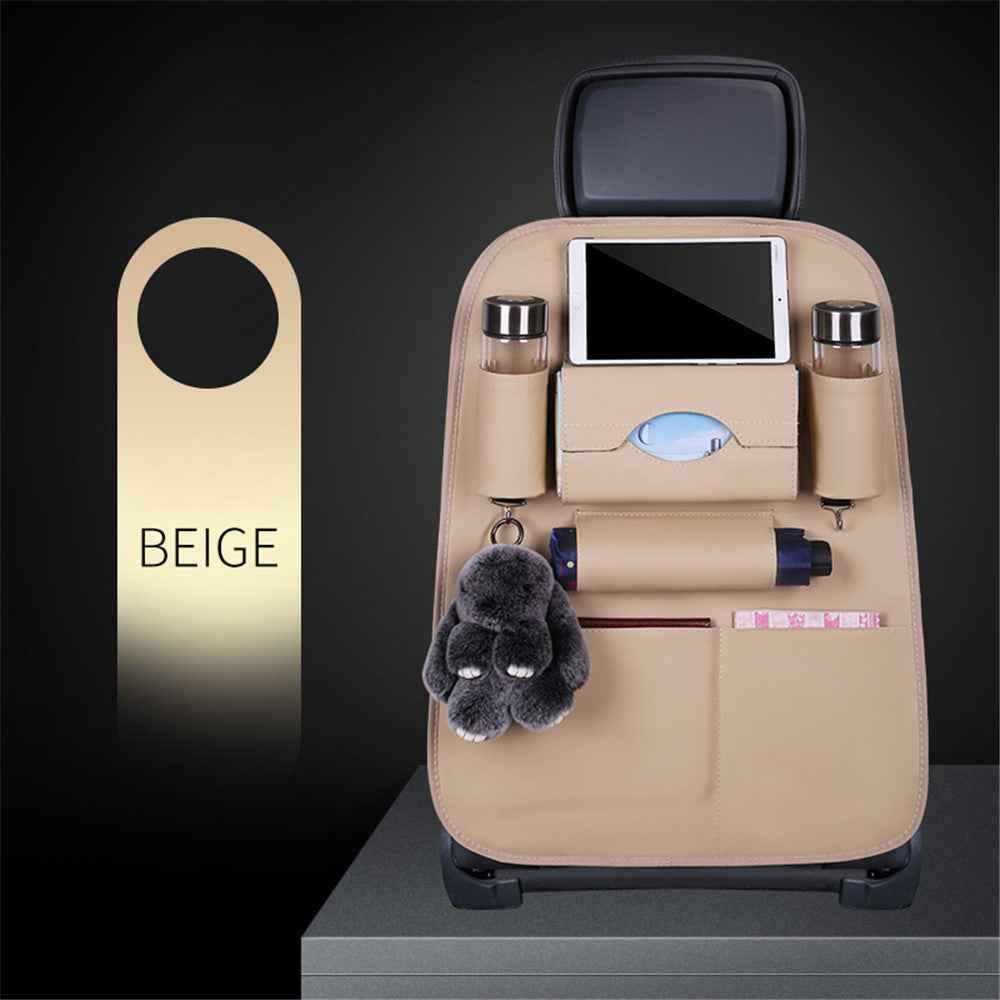 Car Back Seat Organizer Storage Bag with Tissue Box Tablet/Umbrella/Water Bottle Holder - Beige