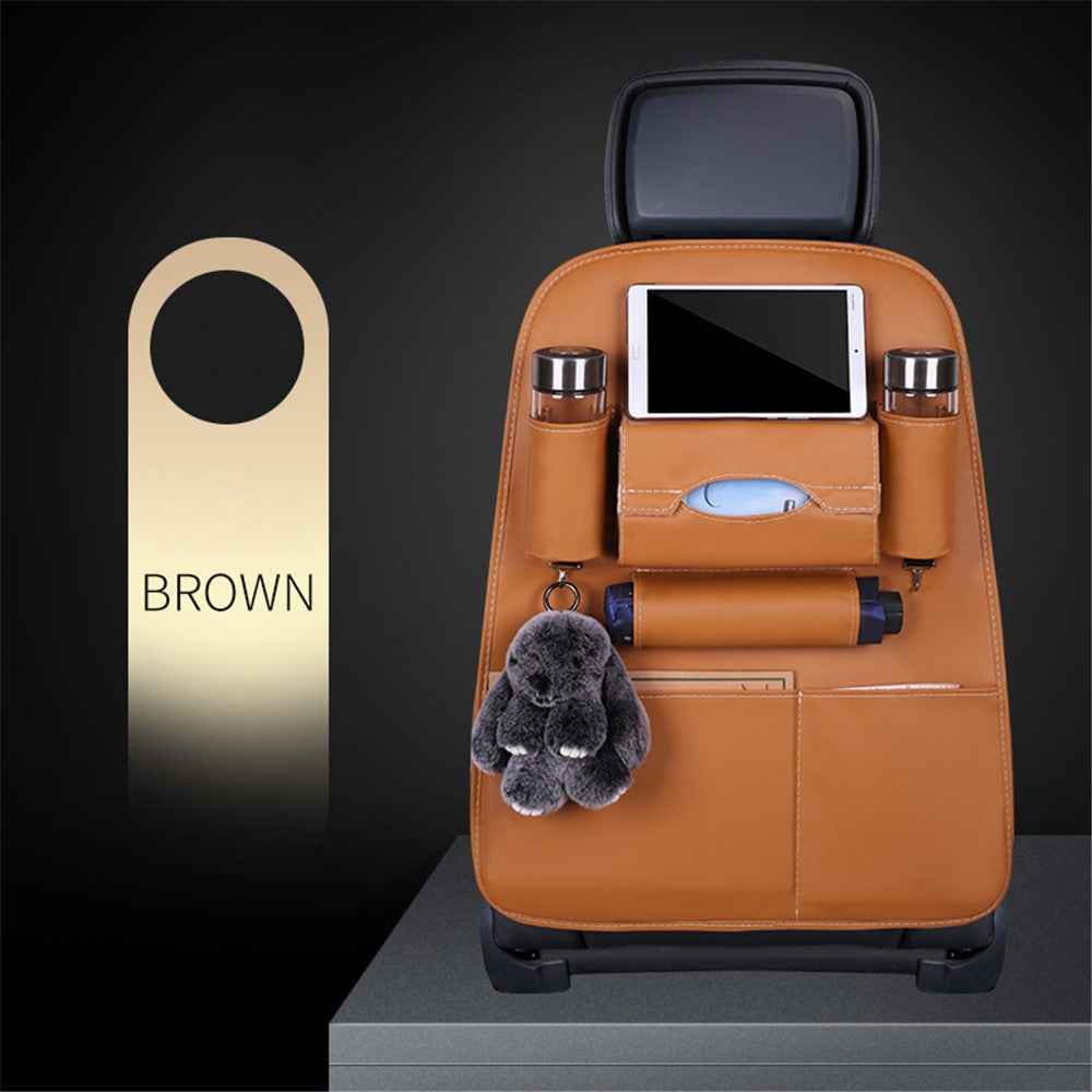 Car Back Seat Organizer Storage Bag with Tissue Box Tablet/Umbrella/Water Bottle Holder - Brown