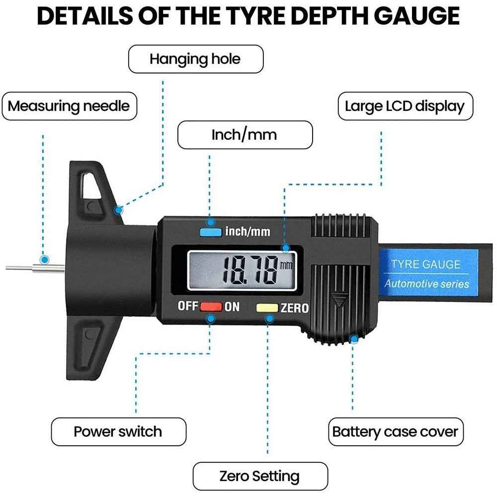 0-25.4mm LCD Display Digital Depth Measurer Gauge Car Tyre Tread Tire Wear Detection Caliper Tool