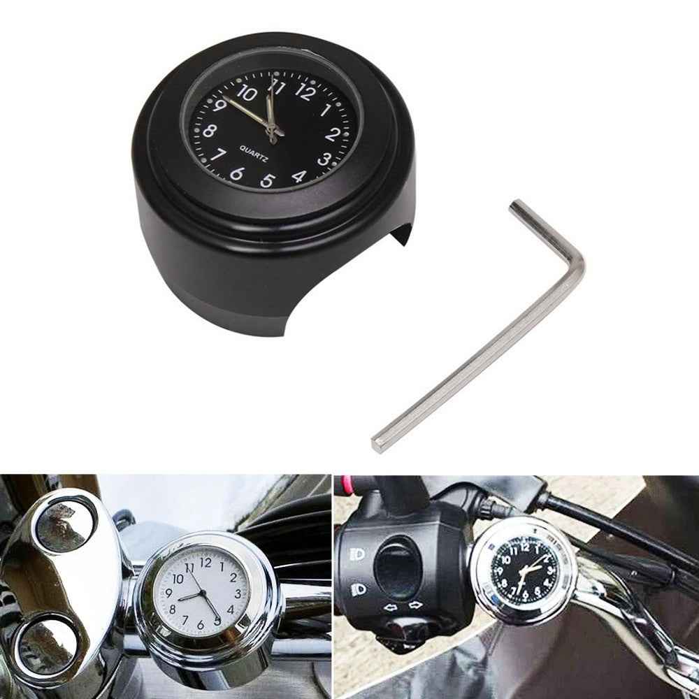 Universal Motorcycle Handlebar Quartz Clock Waterproof Shockproof Aluminum Alloy Motorbike Handlebar Watch - Black/Black Dial