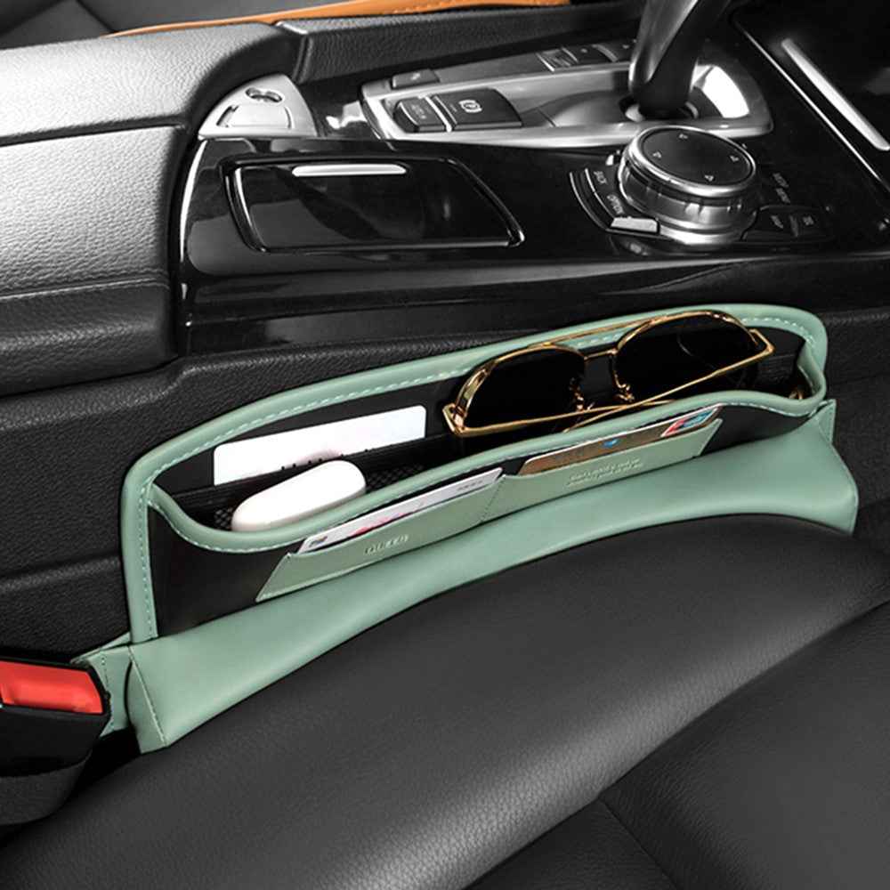 QUEES Car Seat Side Gap Storage Bag Organizer PU Leather Slit Pocket Filler - Green