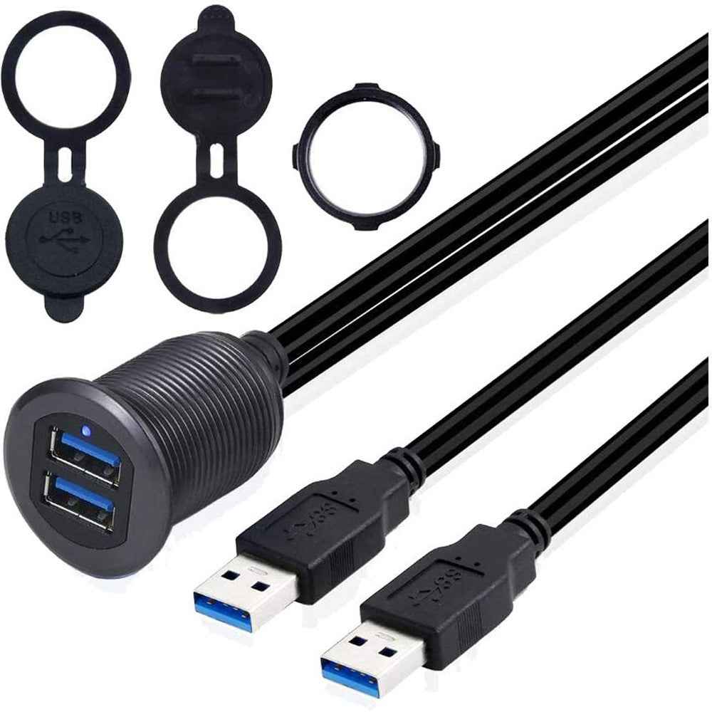 1m Metal Case Dual USB 3.0 Extension Cable Waterproof Car Dashboard Data Cable Mount Panel with LED for Ship/Motorbike/Car Dashboard - Black