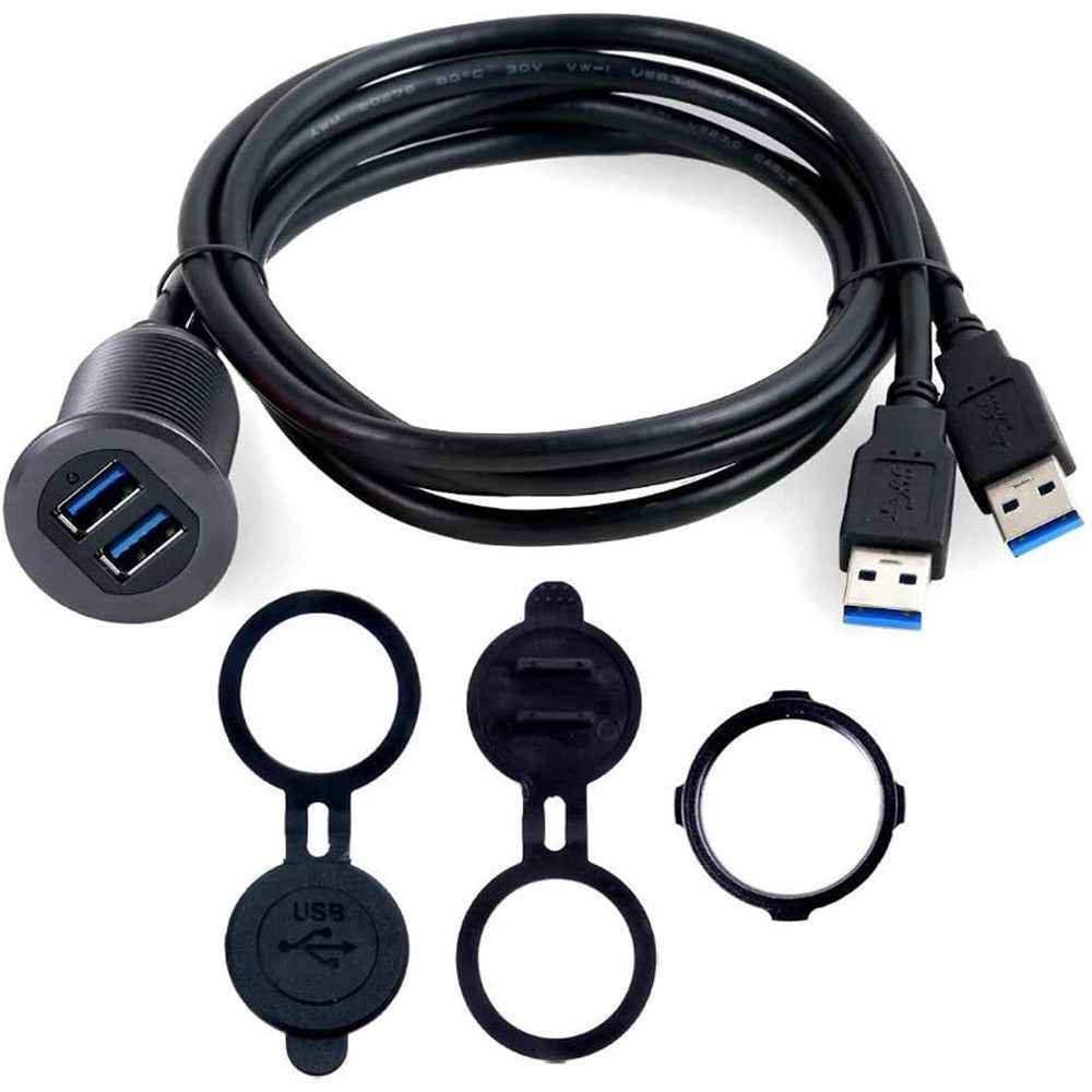2m Metal Case Dual USB 3.0 Extension Cable USB Male to USB Female Transfer Cord Waterproof Car Dashboard Data Cable Mount with LED for Ship/Motorbike/Car Dashboard - Black