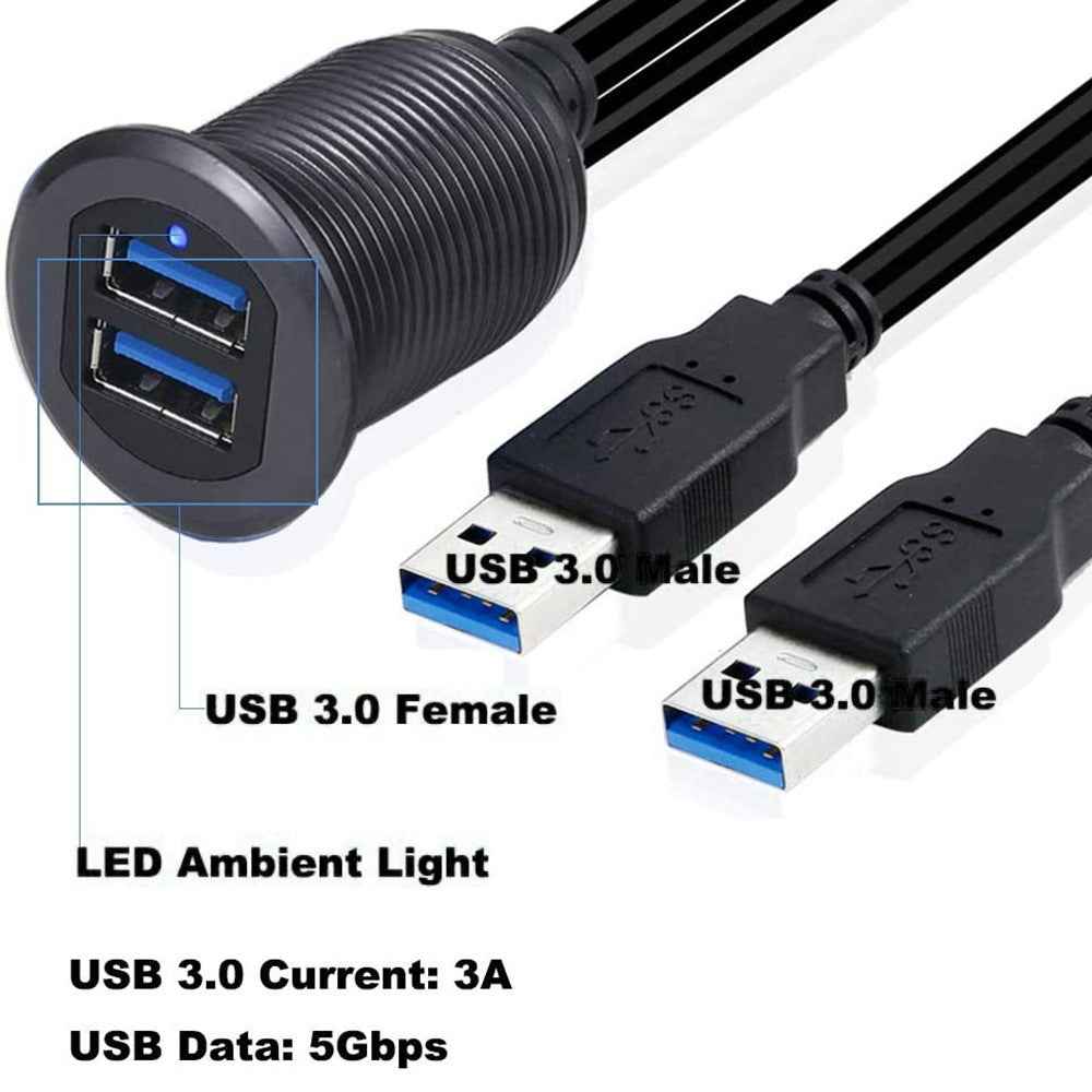 2m Metal Case Dual USB 3.0 Extension Cable USB Male to USB Female Transfer Cord Waterproof Car Dashboard Data Cable Mount with LED for Ship/Motorbike/Car Dashboard - Black