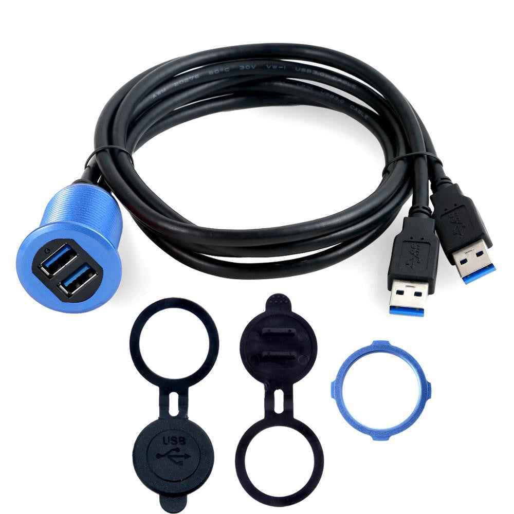 2m Metal Case Dual USB 3.0 Extension Cable USB Male to USB Female Transfer Cord Waterproof Car Dashboard Data Cable Mount with LED for Ship/Motorbike/Car Dashboard - Blue