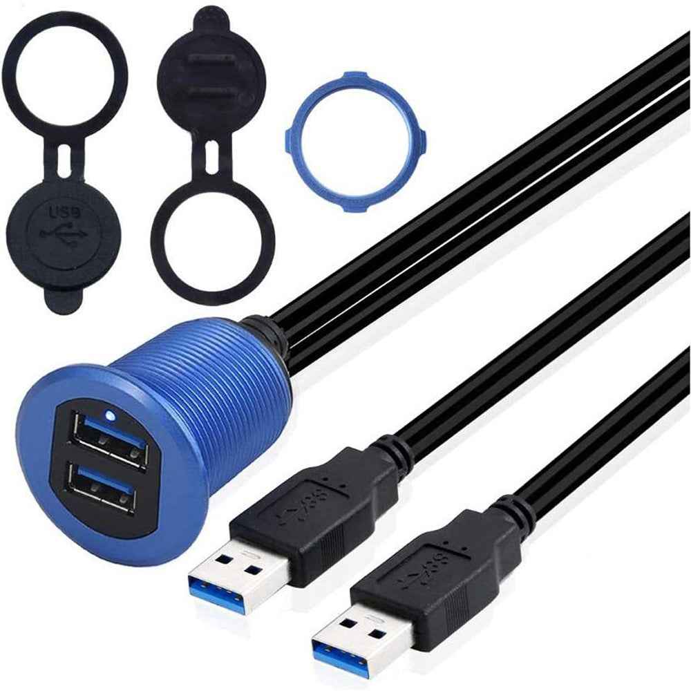 2m Metal Case Dual USB 3.0 Extension Cable USB Male to USB Female Transfer Cord Waterproof Car Dashboard Data Cable Mount with LED for Ship/Motorbike/Car Dashboard - Blue