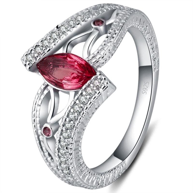 925 Sterling Silver Finger Rings Women Vintage Engagment Zircon Jewelry, Ring Size:9 (Red)