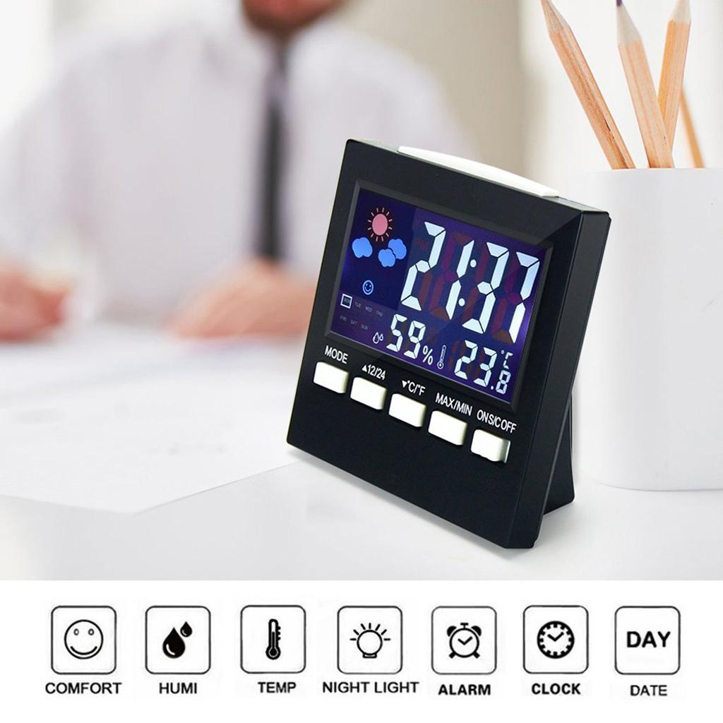 Weather Station Temperature Humidity Meter indoor Sensor Clock Black