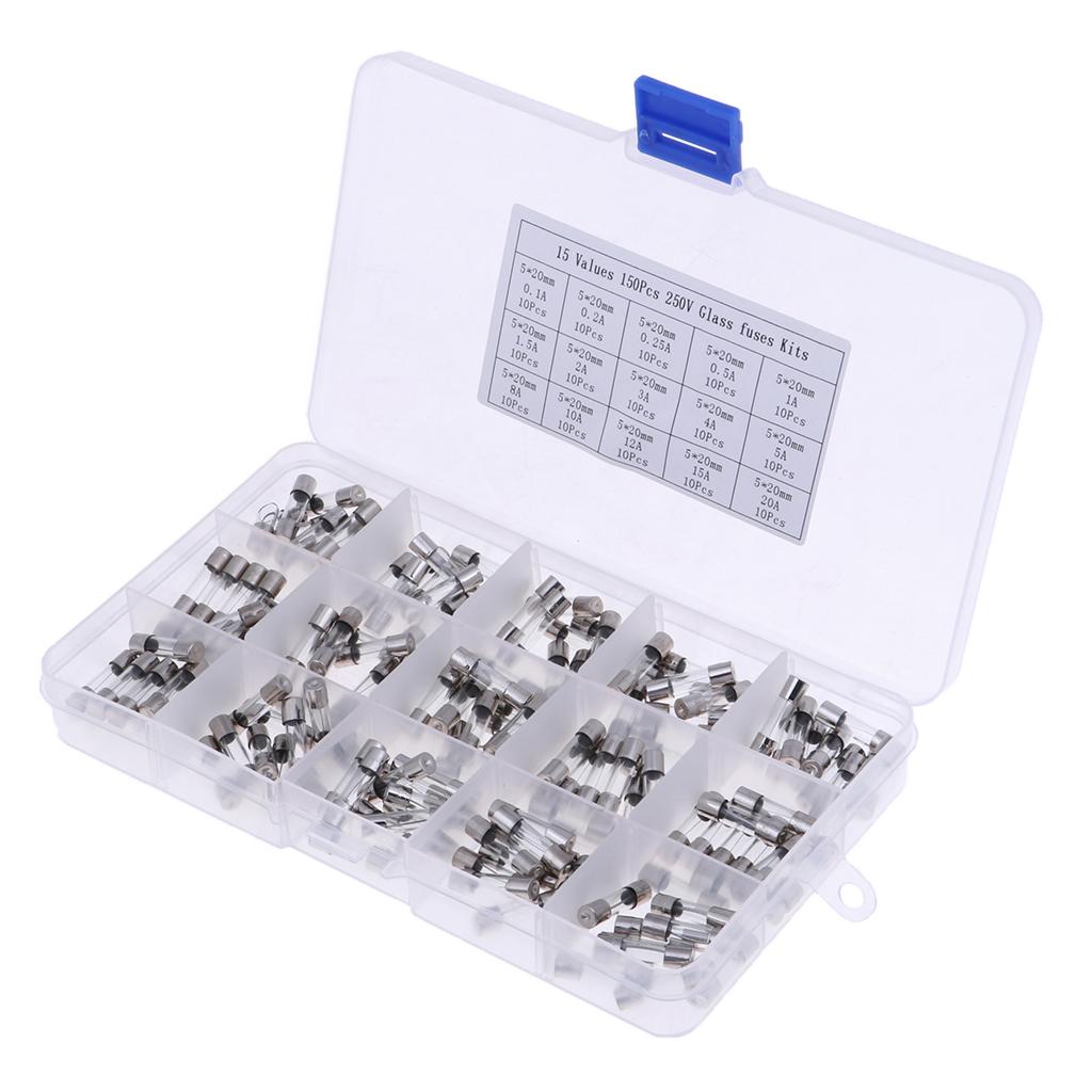15 Values 150pcs Fast-blow Glass Fuses Assorted Kit 5x20mm with Plastic Box
