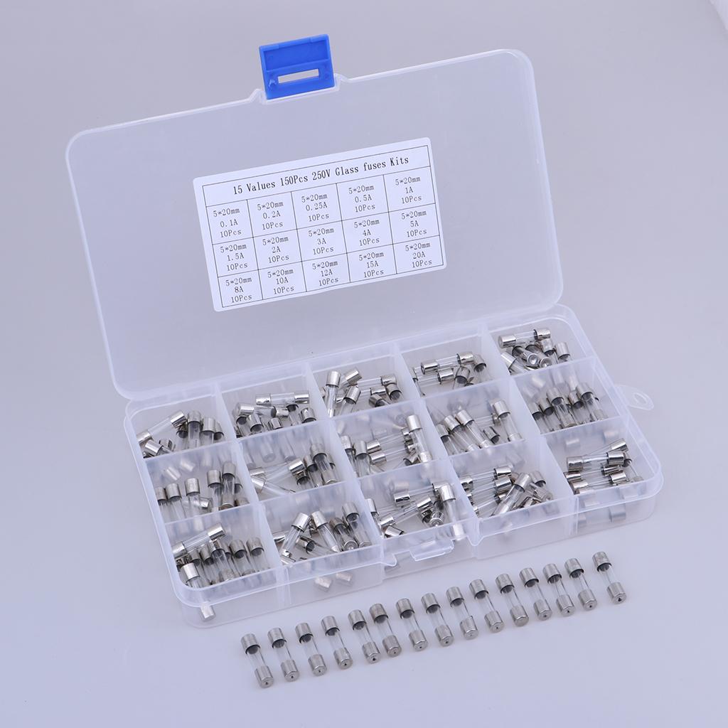 15 Values 150pcs Fast-blow Glass Fuses Assorted Kit 5x20mm with Plastic Box