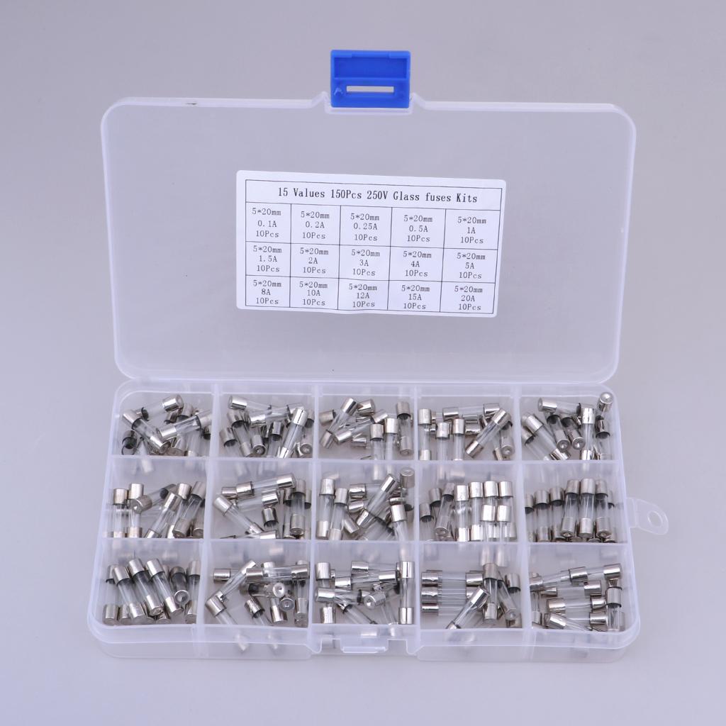 15 Values 150pcs Fast-blow Glass Fuses Assorted Kit 5x20mm with Plastic Box