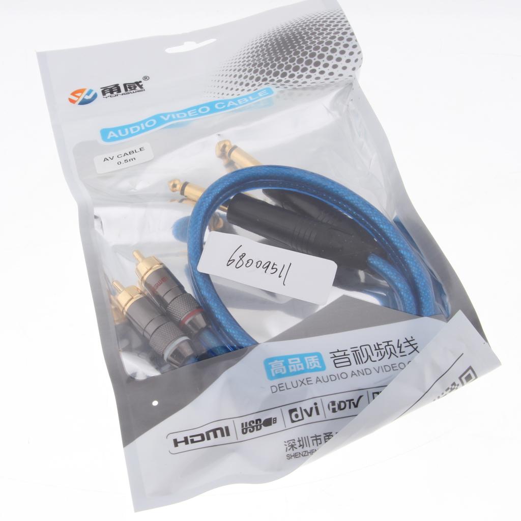 Dual 6.35mm 1/4inch Jack Plug to Dual RCA Male Plug Audio Cable 0.5meter