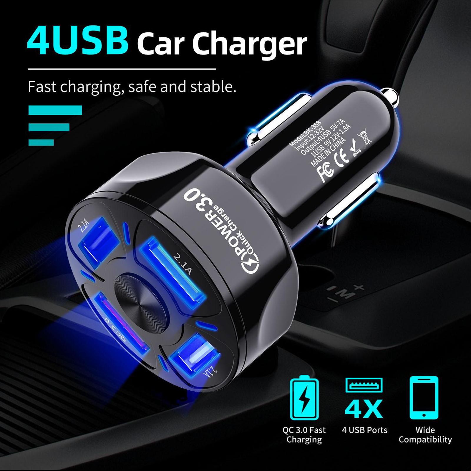 12V 4-Ports USB Car Charge QC 3.0 Quick Charge Adapter Socket For iPhone Black