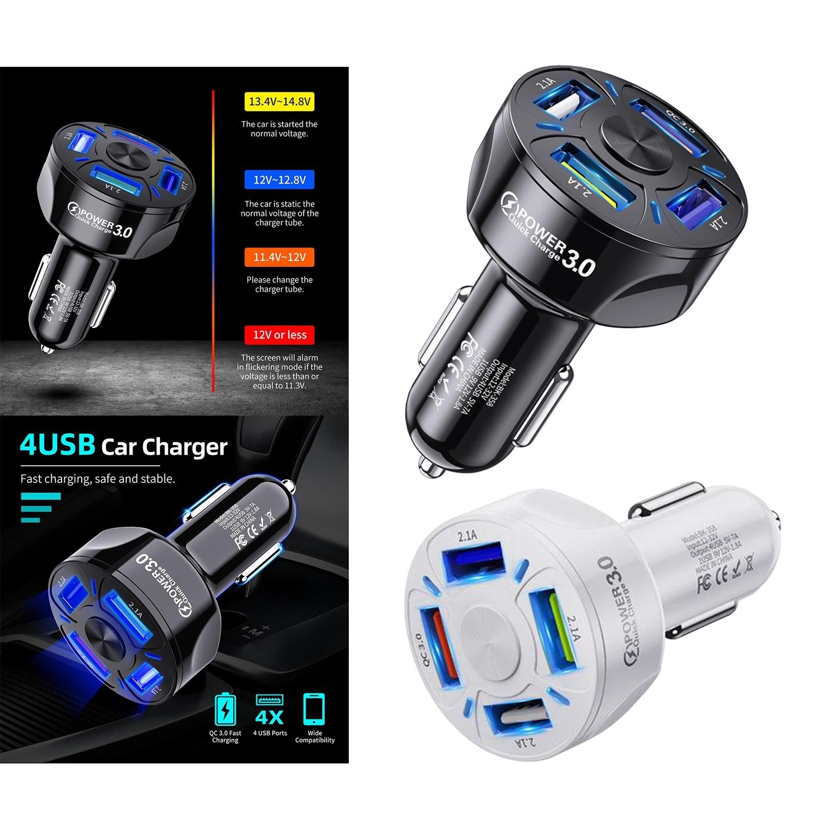 12V 4-Ports USB Car Charge QC 3.0 Quick Charge Adapter Socket For iPhone Black