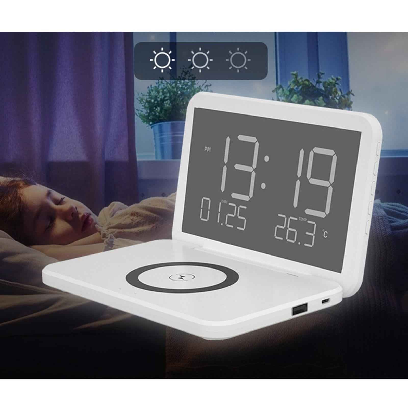 Alarm Clock with Wireless Charging Adjustable Brightness for Bedside Desk White
