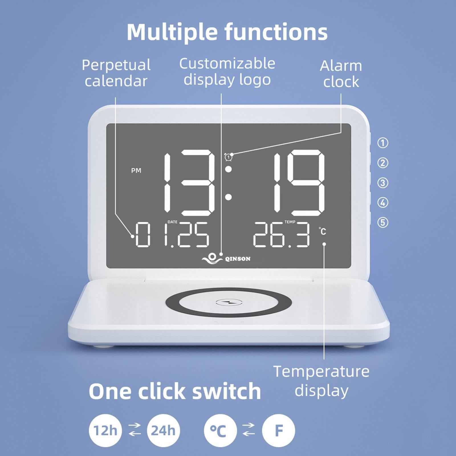 Alarm Clock with Wireless Charging Adjustable Brightness for Bedside Desk White