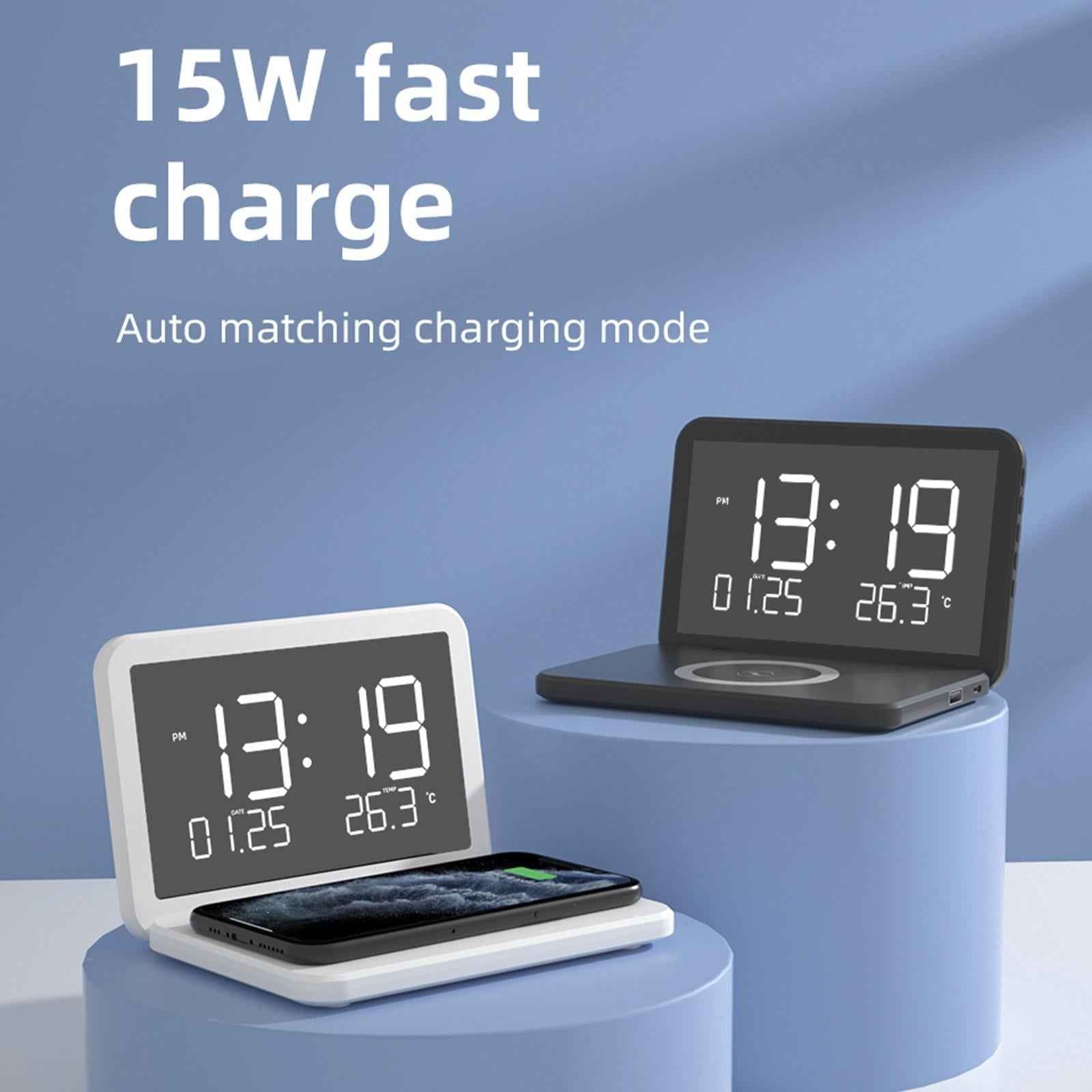 Alarm Clock with Wireless Charging Adjustable Brightness for Bedside Desk White