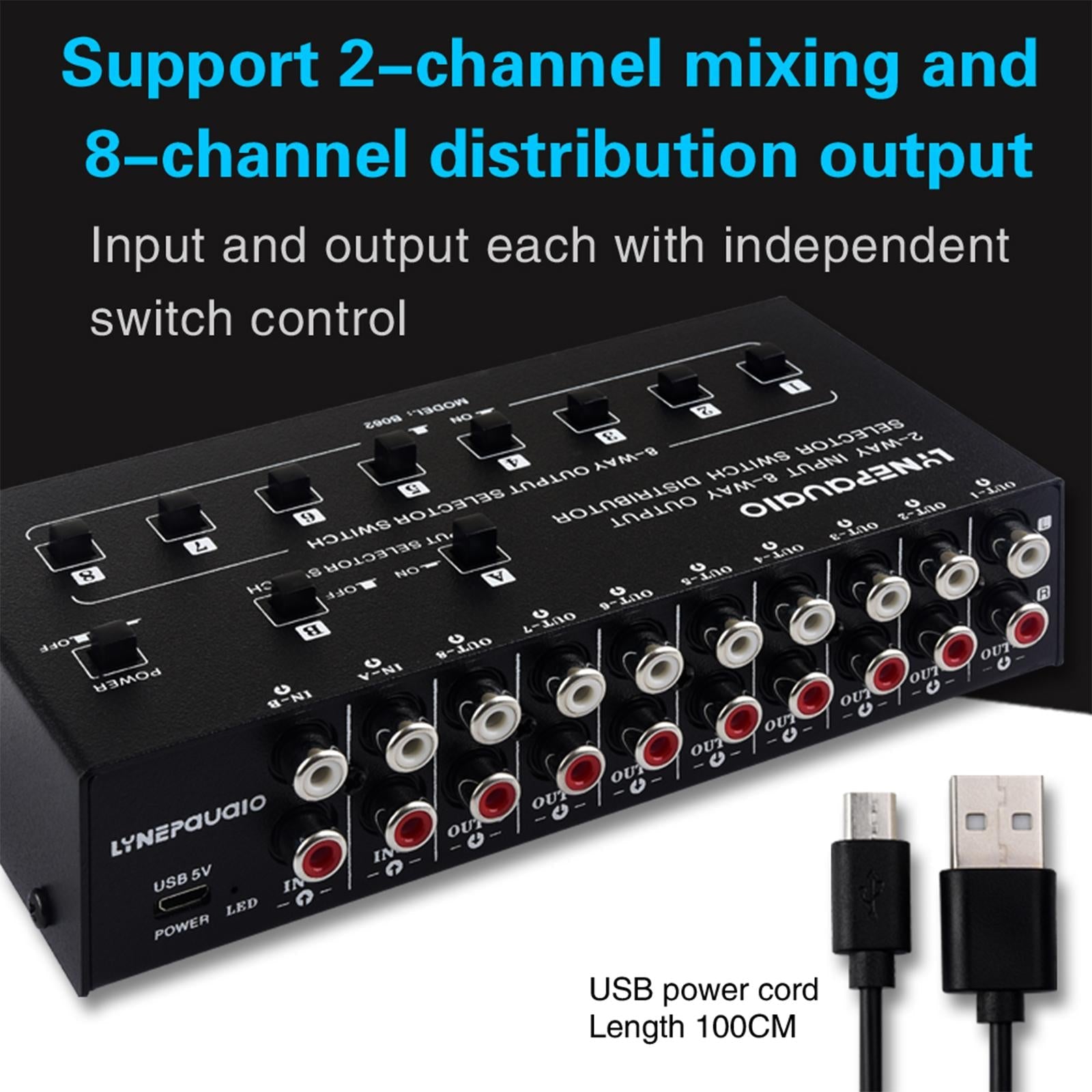 2 in 8 Out Video Audio Switch Switcher DC 5V Splitter DIY DVD DVR Cable Box