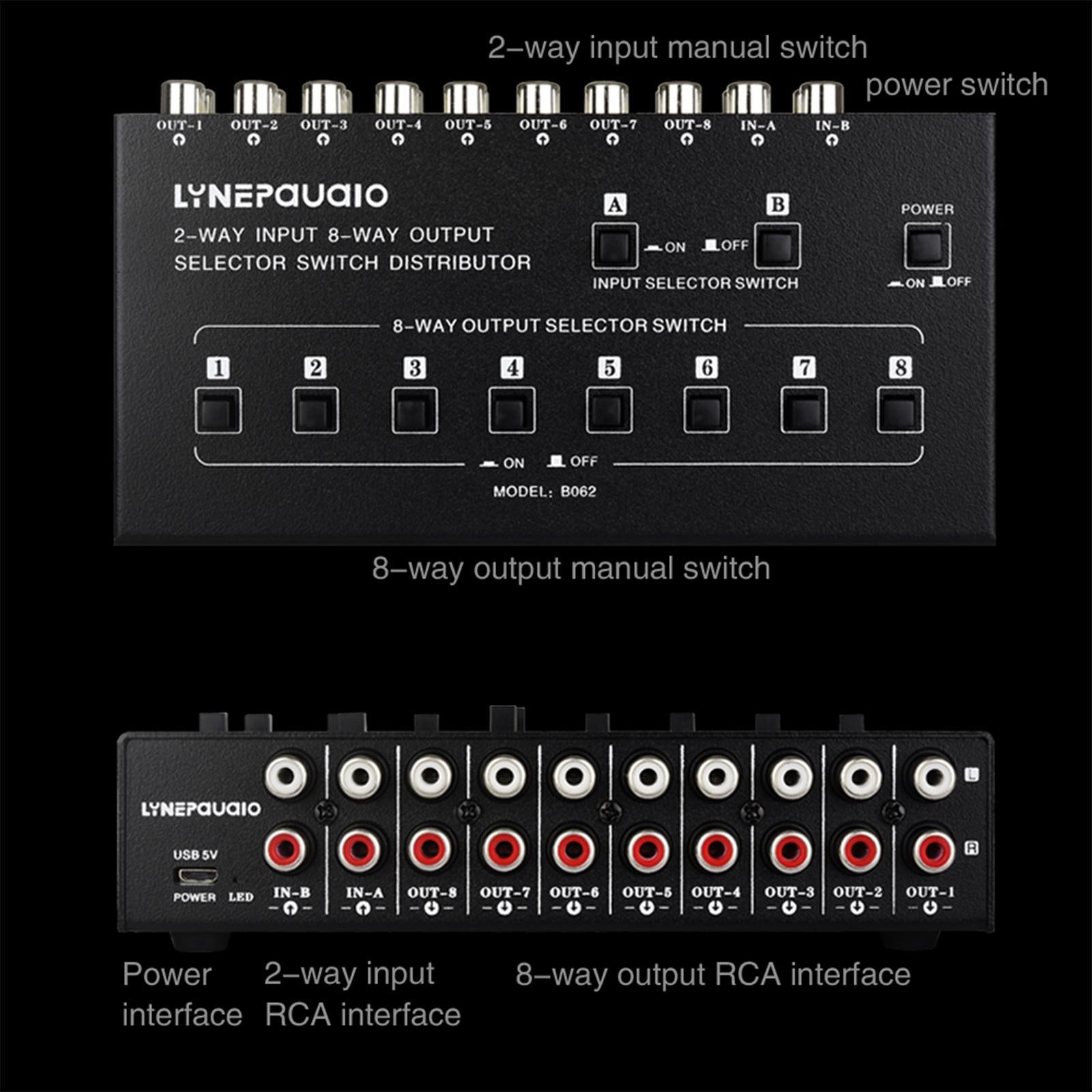 2 in 8 Out Video Audio Switch Switcher DC 5V Splitter DIY DVD DVR Cable Box