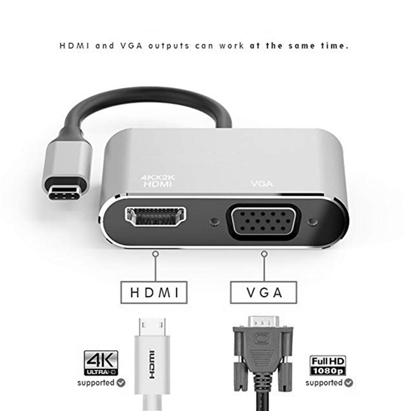 2 in 1 USB C to HDMI & VGA Adapter Plug and Play for HDTV Desktop Monitor Grey Shell